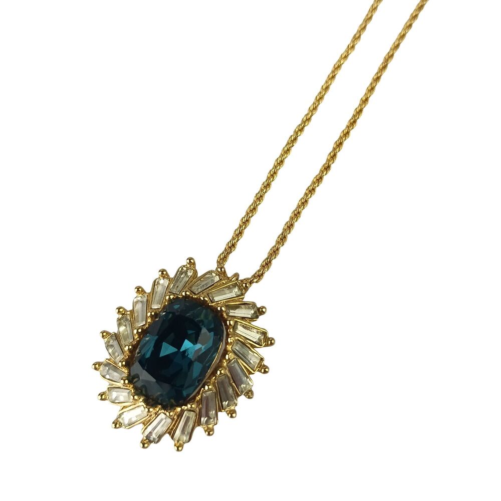 Christian Dior necklace, gold and blue metal, rhinestone pendant for women.